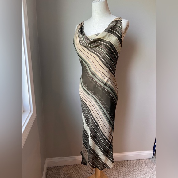 Zara Flow Stripped Brown Green Midi Dress 6 - Picture 2 of 5